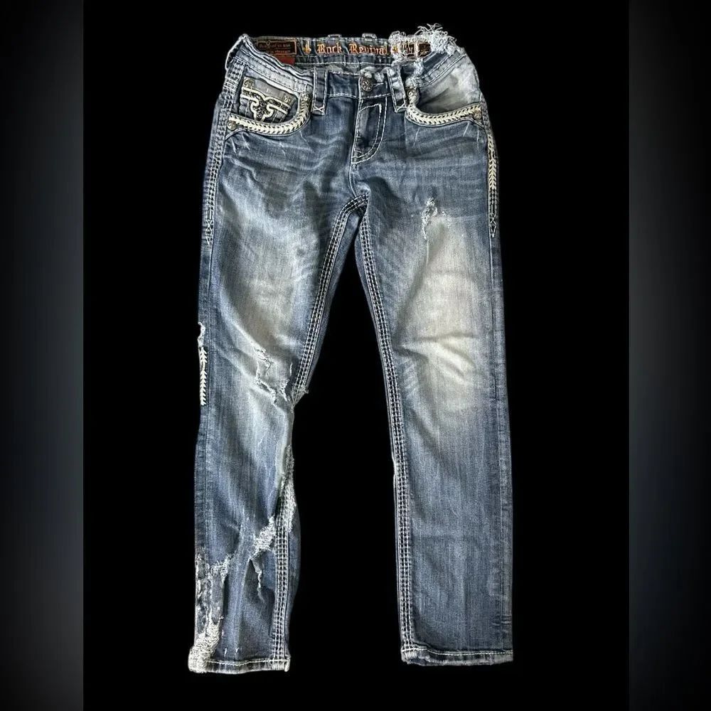 Rock Revival Men's Light Blue Distressed Slim straight Jeans Size 30